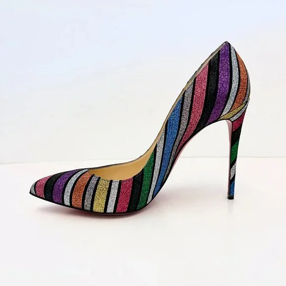 Christian Louboutin Pigalle Follies 100 Striped Glitter Pumps Rainbow Multicolor - Picture 7 of 14